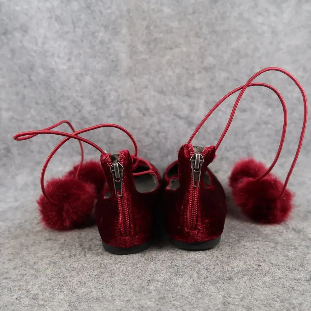 Sugar Shoes Kids 13 Ballet Flats Pom Pom Tie Red Round Toe Faux Fur Lollipop